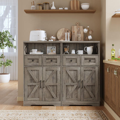 Farmhouse Storage Cabinet with Drawers and Shelf, Freestanding Kitchen Pantry Storage Cabinet, Floor Storage Cabinet Hutch Cupboard for Kitchen, Living Room, Home Office, Rustic Grey