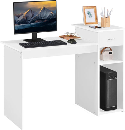 Home Office Computer Desk with Storage Drawer &amp; Monitor Shelf, Writing PC Laptop Table Desk Study Workstation Furniture for Small Spaces, White