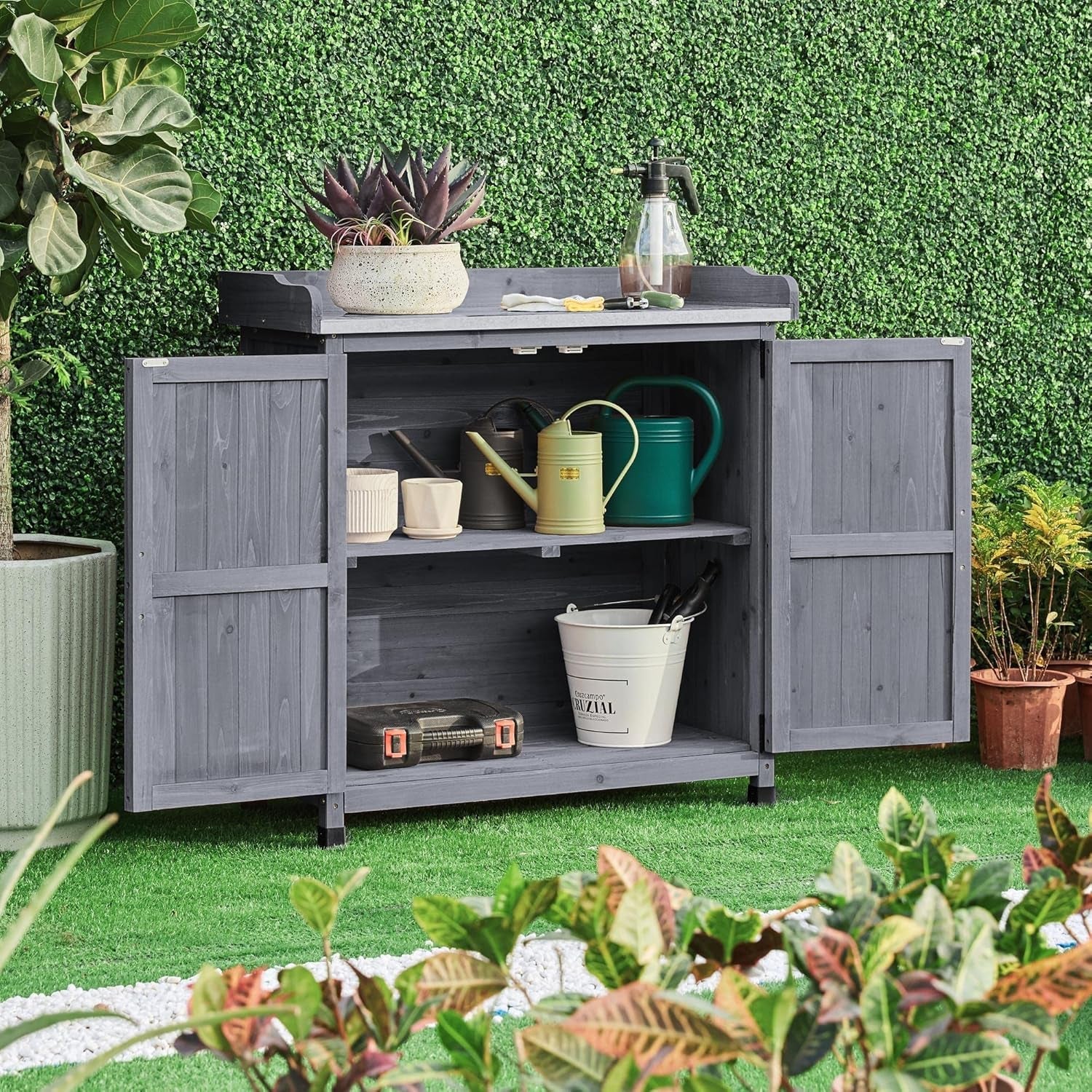 Garden Potting Bench Table, Outdoor Garden Horticultural Wooden Storage Cabinet &amp; Solid Wood Planting Work Bench with Large Space Storage &amp; Metal-Plated Tabletop, Gray