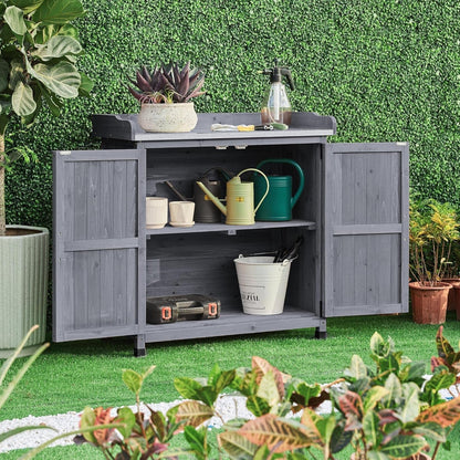 Garden Potting Bench Table, Outdoor Garden Horticultural Wooden Storage Cabinet &amp; Solid Wood Planting Work Bench with Large Space Storage &amp; Metal-Plated Tabletop, Gray