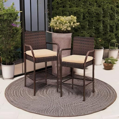 Set of 2 Wicker Bar Stools, Indoor Outdoor Bar Height Chairs W/Cushion, Footrests, Armrests for Backyard, Patio, Pool, Garden, Deck - Brown