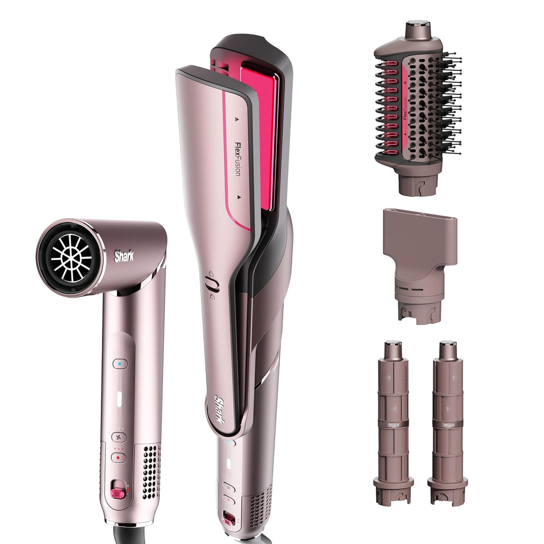 Flexfusion Hair Straightener &amp; Powerful Hair Dryer with Fusion Hair Brush, Ceramic Air Styler with Auto-Wrap Hair Curlers &amp; Concentrator, Ceramic Plates, Cosmic Blush HD641S