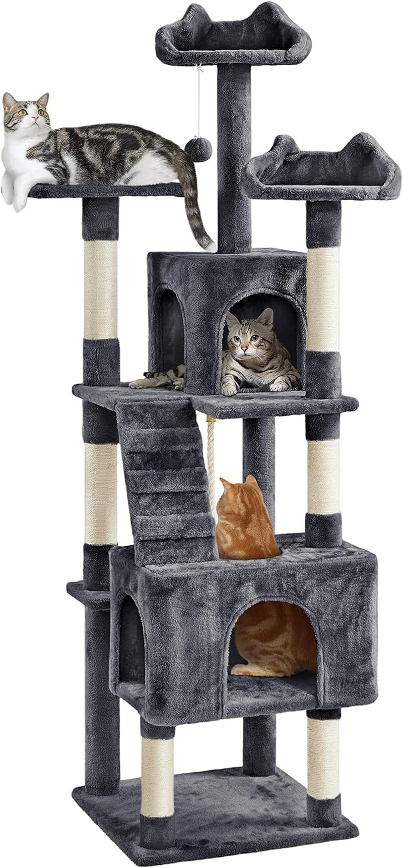 XL Cat Tree, 72In Multi-Level Cat Tower with 2 Cozy Caves, 3 Soft Perches, Scratching Posts, Board, and Dangling Ball, Cat Furniture Cat Play House Kittens, Dark Gray