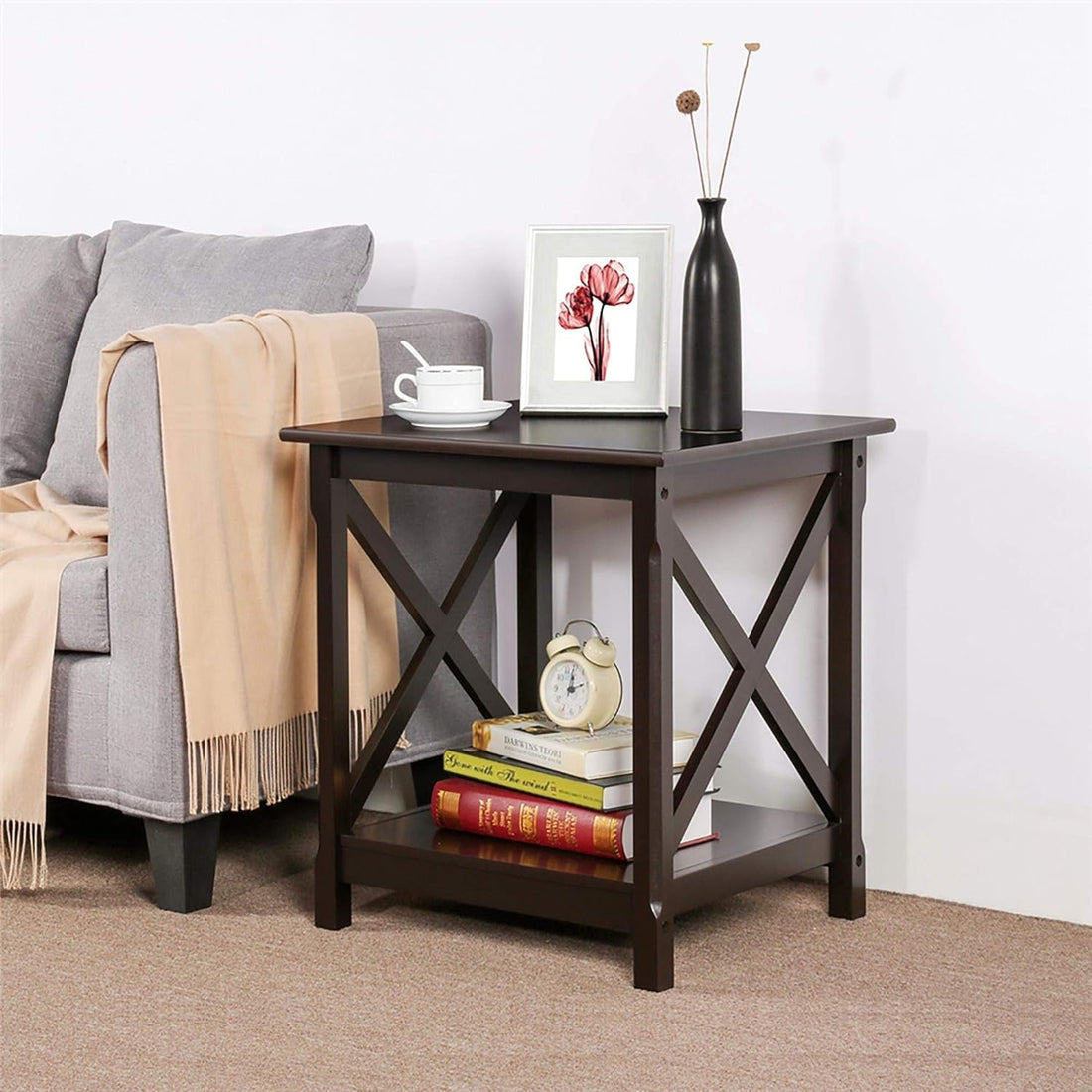 X Design End Table with 2-Tier Storage Shelf, Pine Wood Legs Simplistic Design Sturdy Sofa Side Table with Storage for Living Room Small Space, Dark Coffee