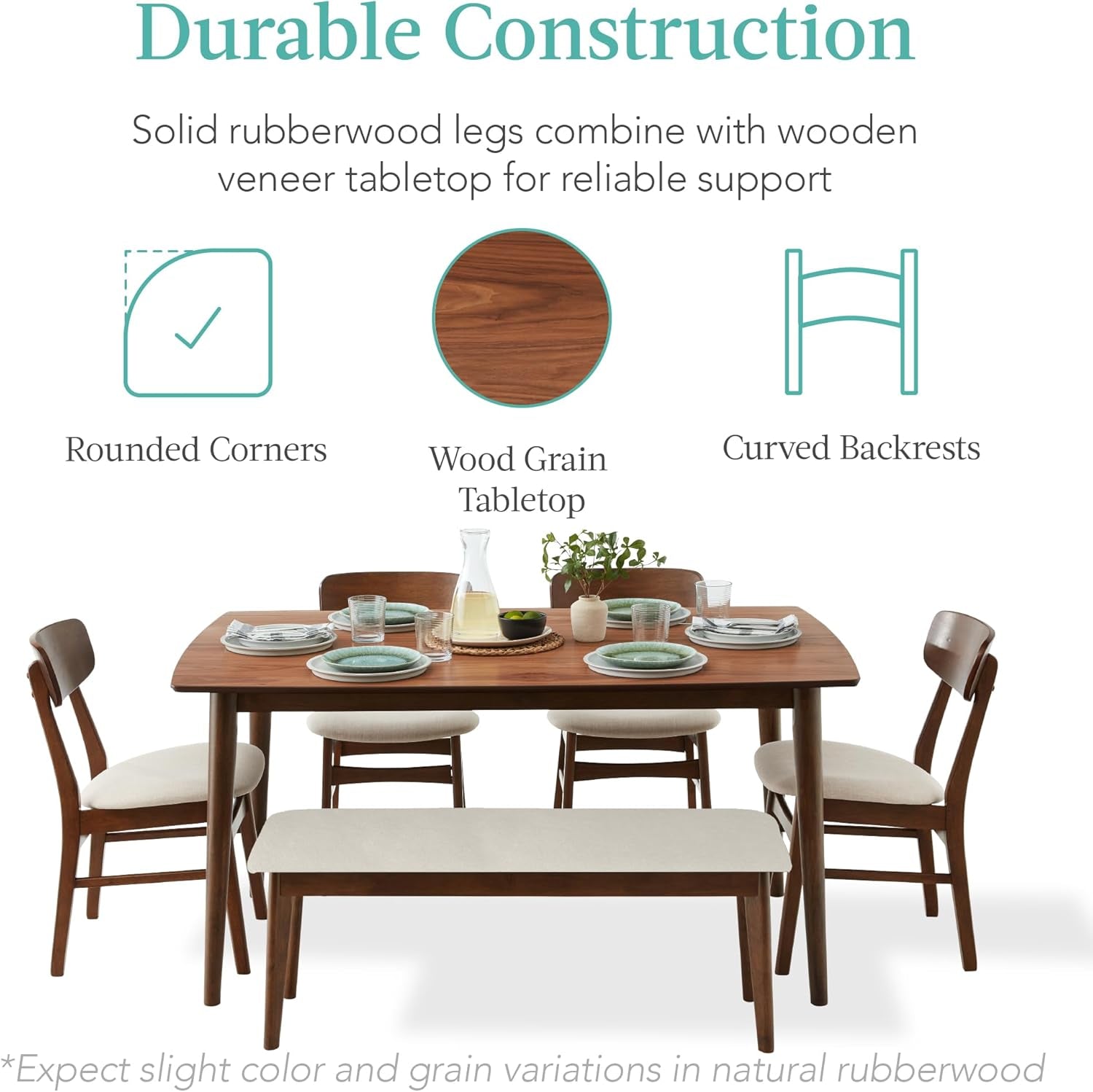 6-Piece Wooden Dining Set, Mid-Century Modern Table &amp; Upholstered Chair Set W/Bench Seat, Rubberwood Legs - Walnut/Cream