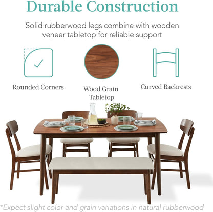 6-Piece Wooden Dining Set, Mid-Century Modern Table &amp; Upholstered Chair Set W/Bench Seat, Rubberwood Legs - Walnut/Cream