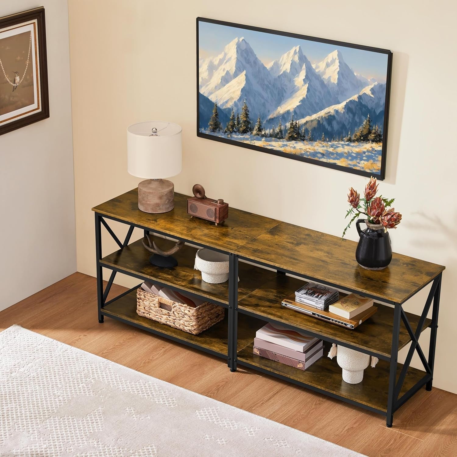 TV Stand for Tvs up to 70 Inches, Entertainment Center with 3-Tier Wooden Storage Shelves TV Console for Living Room, Rustic Brown