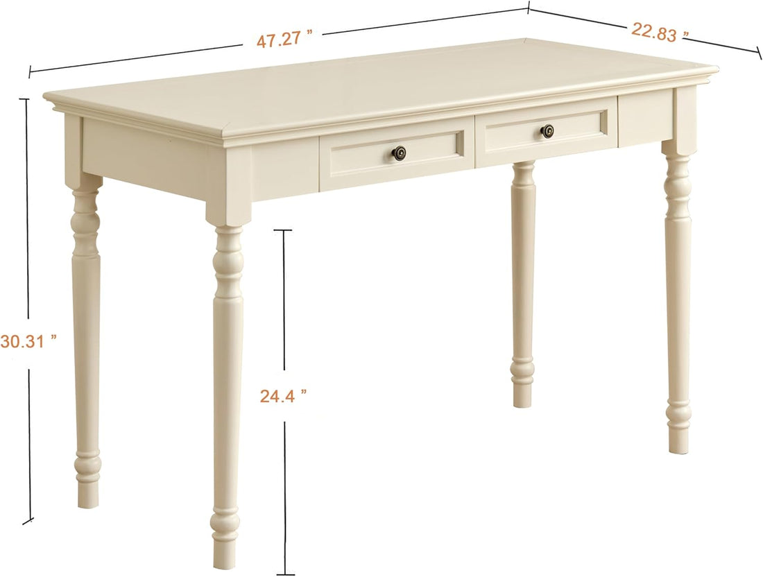 French Country Desk, 47” Farmhouse Computer Table for Home Office Desks, Solid Wood Living Room Study or Workspace Furniture, French Country Style (White)