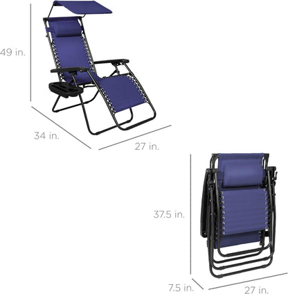 Folding Zero Gravity Outdoor Recliner Patio Lounge Chair W/Adjustable Canopy Shade, Headrest, Side Accessory Tray, Textilene Mesh - Navy Blue