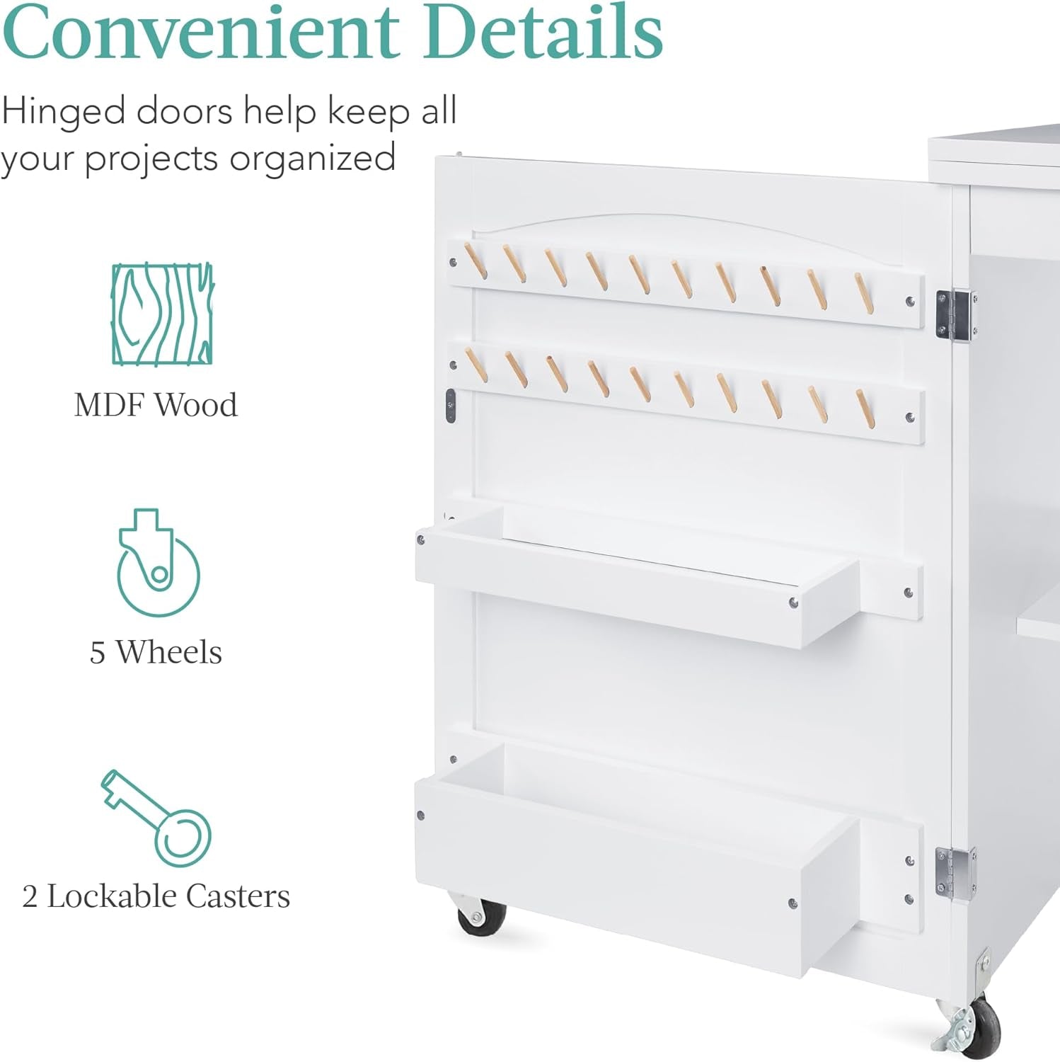 Folding Sewing Table Multipurpose Craft Station &amp; Side Desk with Compact Design, Wheels, Shelves, Storage Trays, Pegs, Magnetic Doors, Metal Doorknobs - White