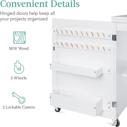 Folding Sewing Table Multipurpose Craft Station &amp; Side Desk with Compact Design, Wheels, Shelves, Storage Trays, Pegs, Magnetic Doors, Metal Doorknobs - White