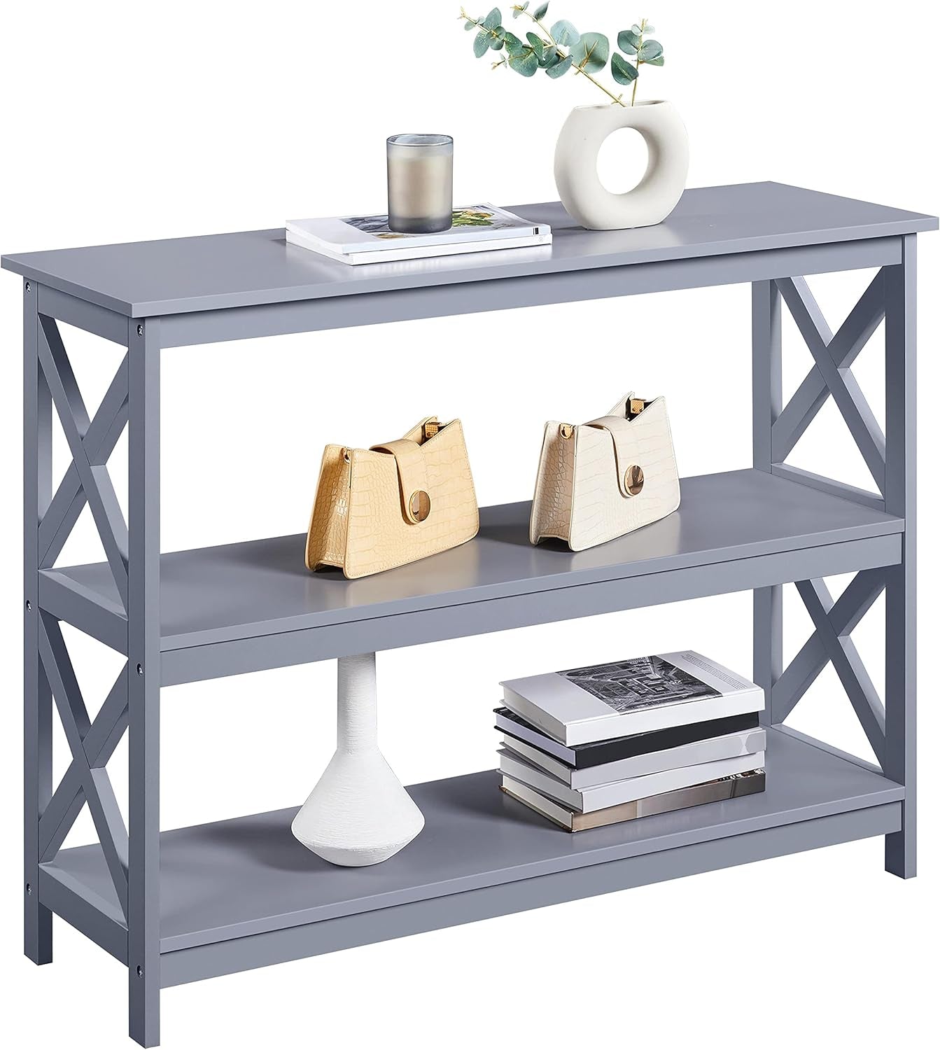 Console Table with 3 Storage Shelves, Entryway Table Sofa Side Table Narrow Long Bookshelf for Hallway Living Room, Accent Furniture, White