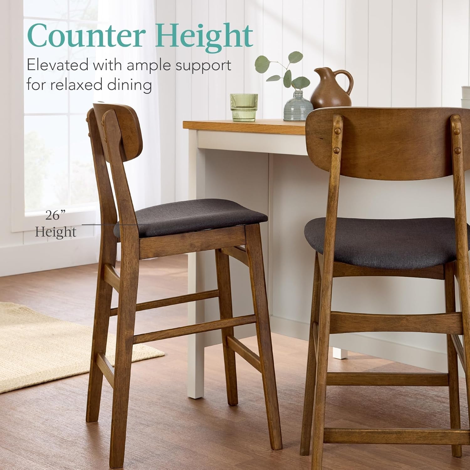 Bar Stool Set of 2, Farmhouse Counter Height W/Armless Upholstered Cushioned Seat, Wooden Curved Backrest - Walnut/Charcoal