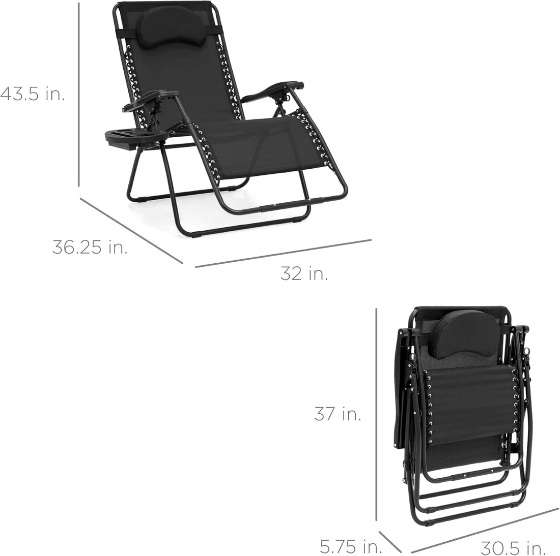 Oversized Zero Gravity Chair, Folding Outdoor Patio Lounge Recliner W/Cup Holder Accessory Tray and Removable Pillow - Black