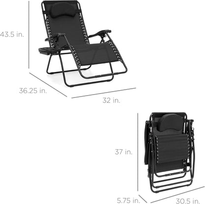 Oversized Zero Gravity Chair, Folding Outdoor Patio Lounge Recliner W/Cup Holder Accessory Tray and Removable Pillow - Black