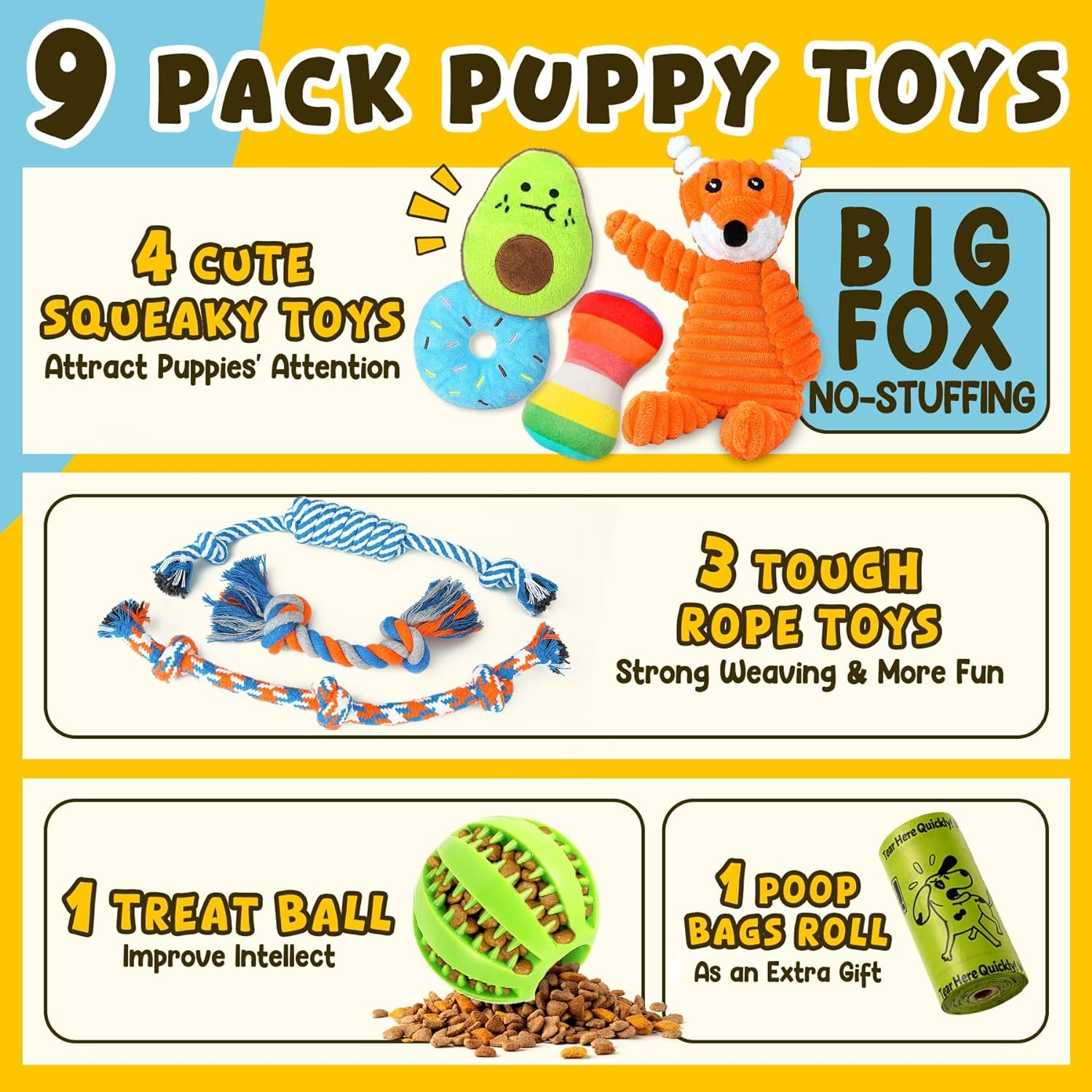 9 Pack Luxury Puppy Toys for Teething Small Dogs, Puppy Chew Toys with Cute Squeaky Dog Toys, Ball and More Rope Dog Chew Toys