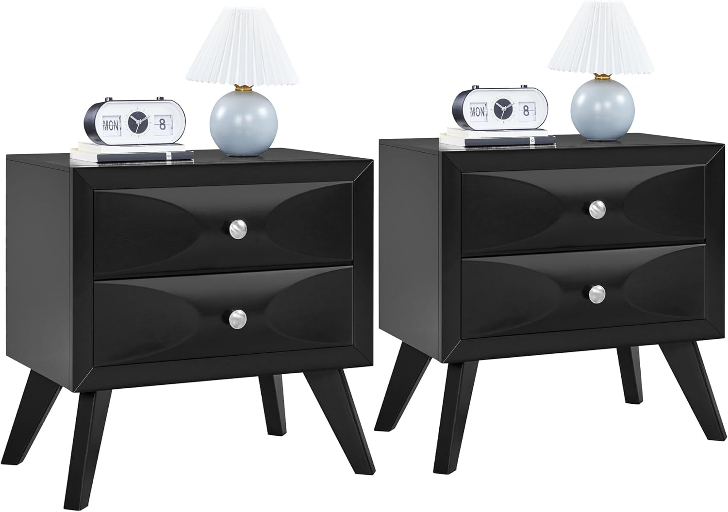 Nightstands Set of 2, Almost Fully-Assembled Nightstands with 2 Drawers and Solid Wood Legs, Large Bedside Tables with Storage, Modern Side Tables for Bedroom, 24.5″L×15″W×23.5″H, Black