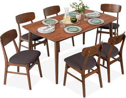 7-Piece Wooden Dining Set, Mid-Century Modern Table &amp; Upholstered Chair Set W/ 6 Chairs, Rubberwood Legs - Walnut/Cream