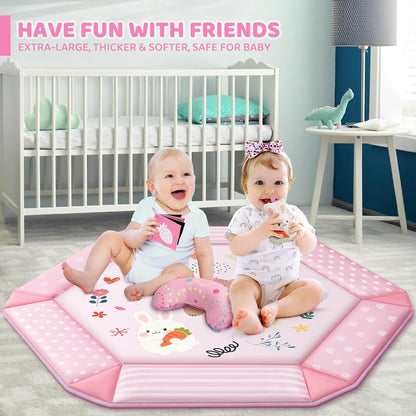 Baby Gym Play Mat, 8-In-1 Tummy Time Mat &amp; Ball Pit with 6 Toys, Washable Baby Activity Mat for Visual, Hearing, Sensory, Motor Development, Baby Gift for Newborn Infant 0-3-6-9-12 Months (Pink)