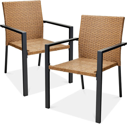 Set of 2 Stackable Outdoor Wicker Dining Chairs All-Weather Firepit Armchair W/Armrests, Steel Frame for Patio, Deck, Garden, Yard - Brown