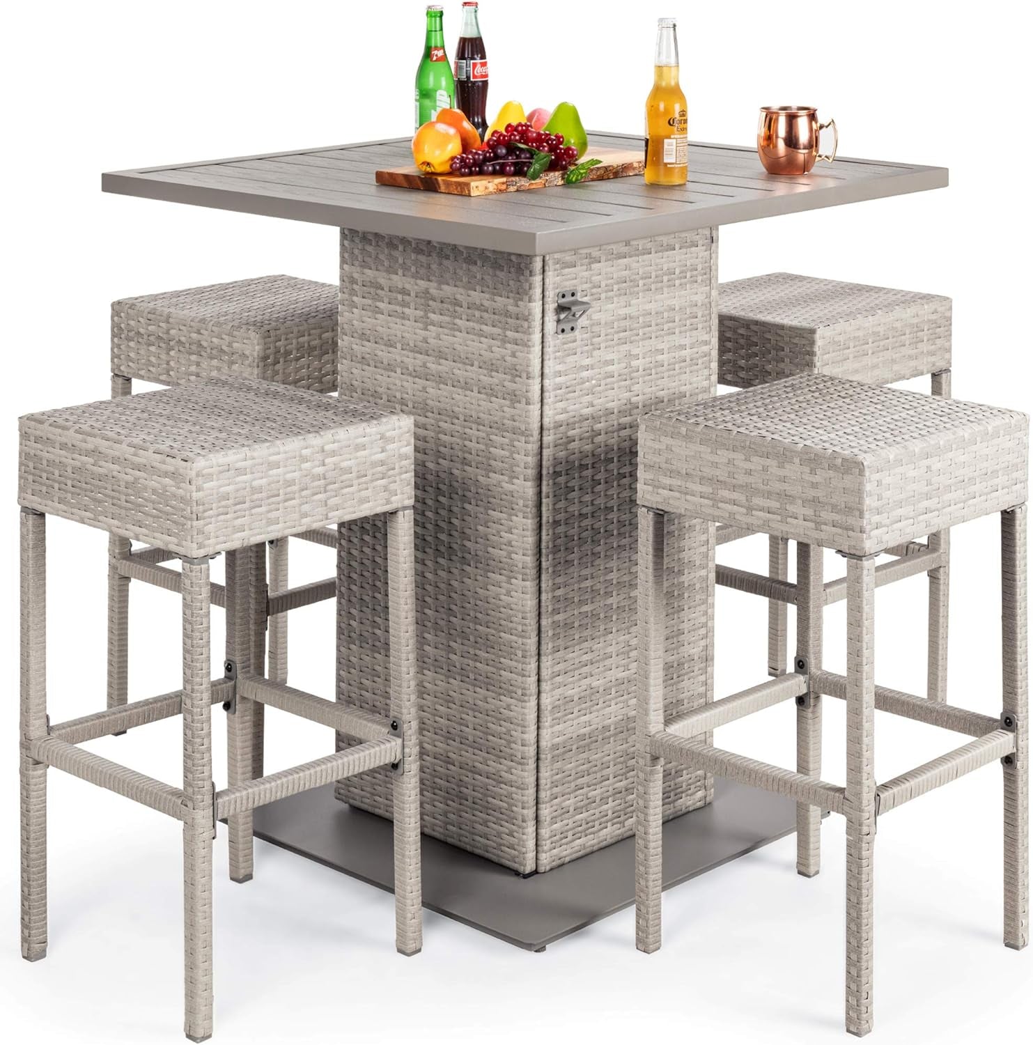 5-Piece Outdoor Wicker Bar Table Set for Patio, Poolside, Backyard W/Built-In Bottle Opener, Hidden Storage Shelf, Metal Tabletop, 4 Stools - Brown