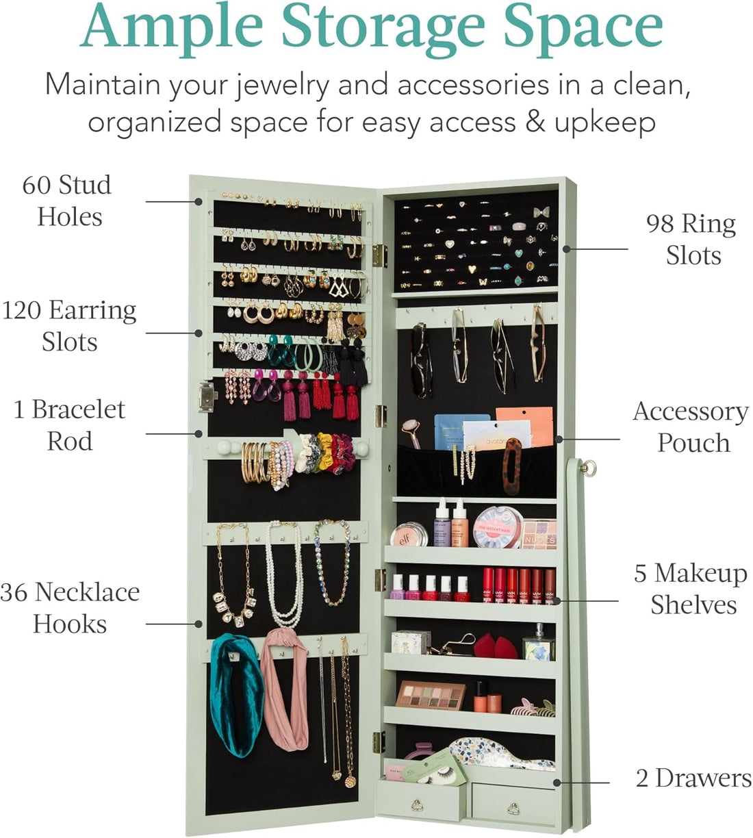 Freestanding Jewelry Armoire Cabinet, Full Length Standing Mirror, Lockable Makeup Storage Organizer, W/Velvet Lining, 3 Angles, Lock, Accessory Pouch, 5 Shelves - Sage