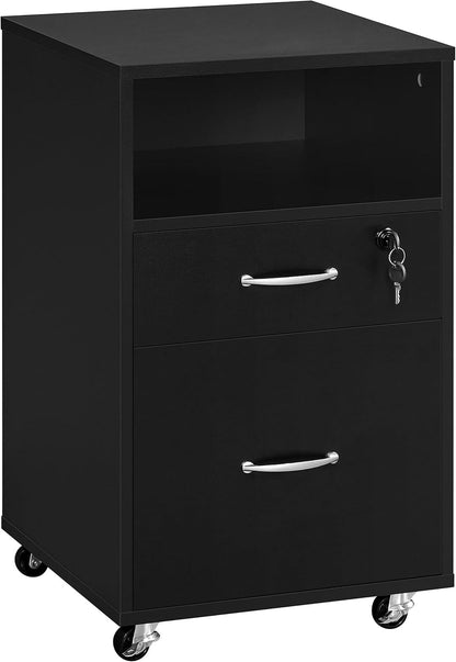 File Cabinet, under Desk Vertical Cabinet with 2 Drawers and Open Compartment, Printer Stand with Lockable Wheels for A4 Letter Size Hangable File Folders for Home Office(Black/Rustic Brown)