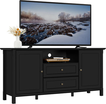 TV Stand with Storage for Tvs up to 65 Inch, Black TV Console Table for Living Room, Media Entertainment Center TV Storage Cabinet with 2 Central Drawers &amp; Open Shelf, 58 In