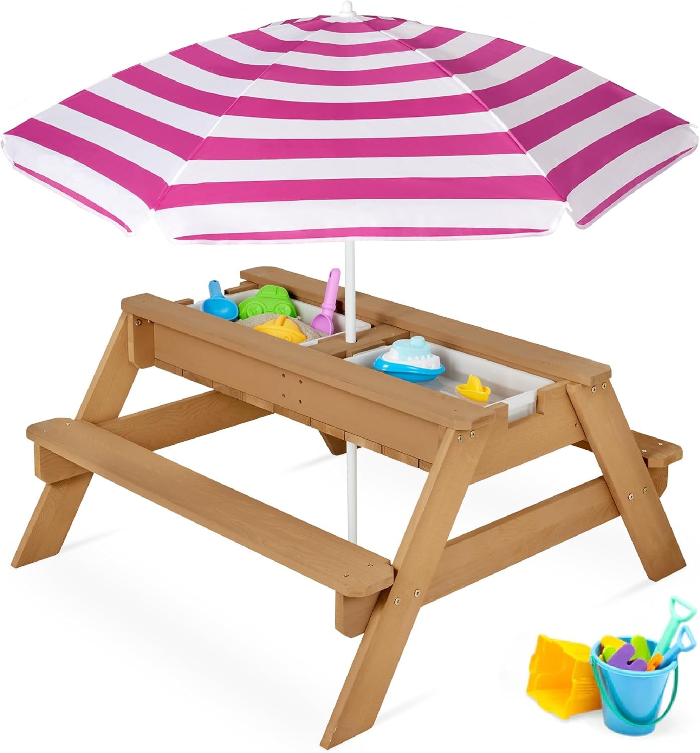 Kids 3-In-1 Sand &amp; Water Table, Wood Outdoor Convertible Picnic Table W/Umbrella, 2 Trays, Removable Top - Walnut/Beige