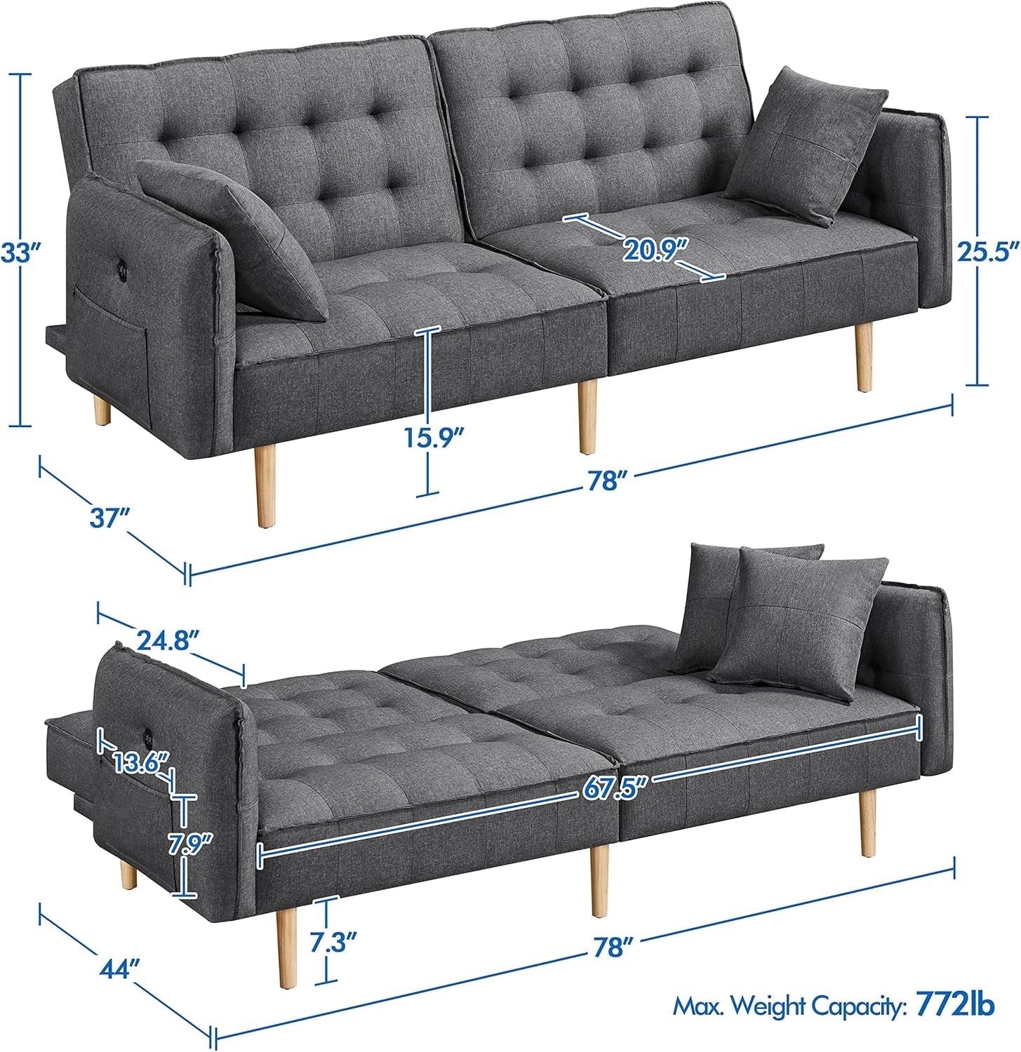 78” Convertible Sofa Bed with USB Ports Sleeper Couch Futon Daybed Sofa for Living Room Adjustable Loveseat Linen Fabric, Dark Gray