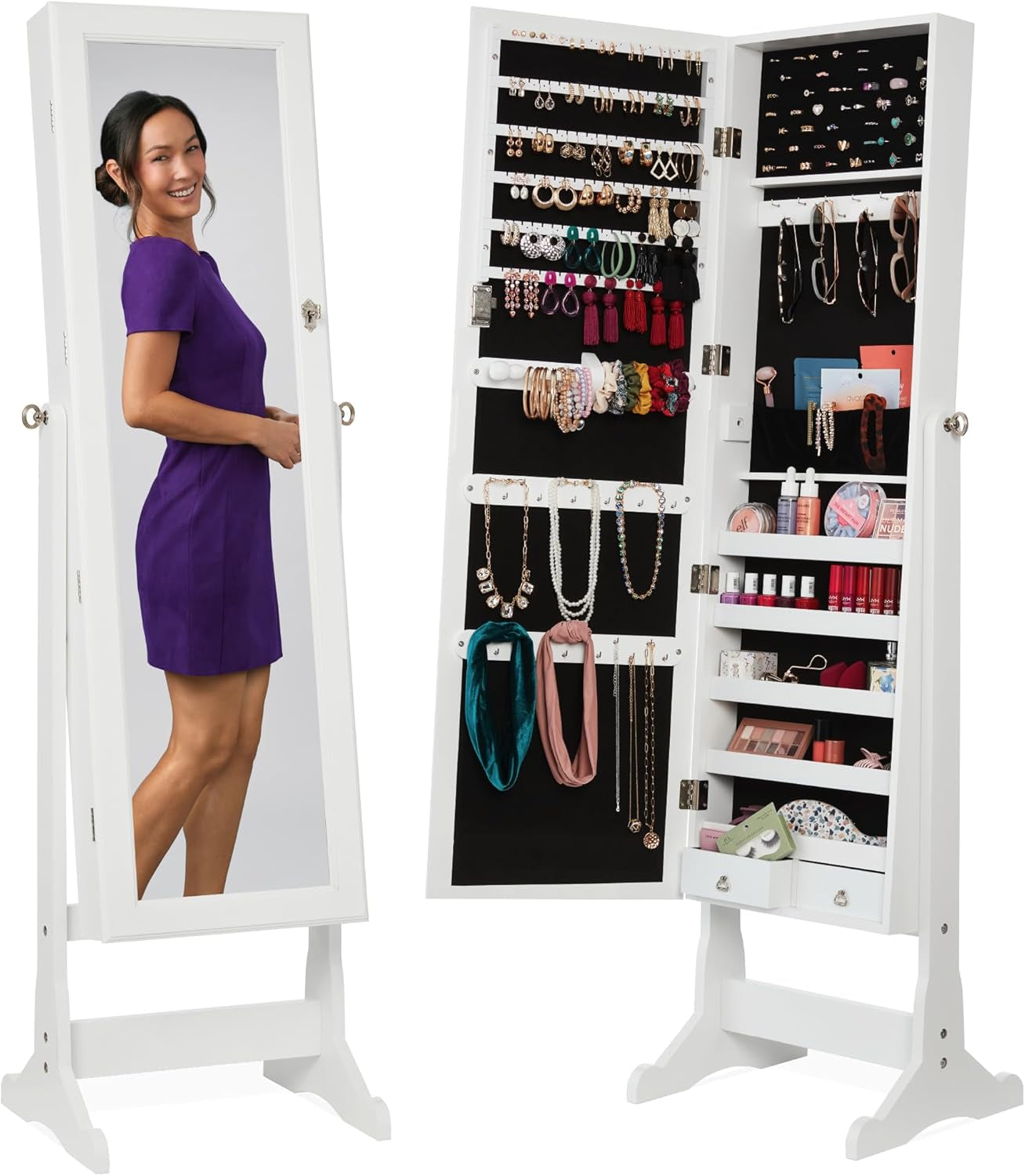 Freestanding Jewelry Armoire Cabinet, Full Length Standing Mirror, Lockable Makeup Storage Organizer, W/Velvet Lining, 3 Angles, Lock, Accessory Pouch, 5 Shelves - Sage