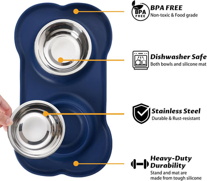 Pet Dog Bowls 2 Stainless Steel Dog Bowl with No Spill Non-Skid Silicone Mat + Pet Food Scoop Water and Food Feeder Bowls for Feeding Small Medium Large Dogs Cats Puppies (Small, Navy Blue)