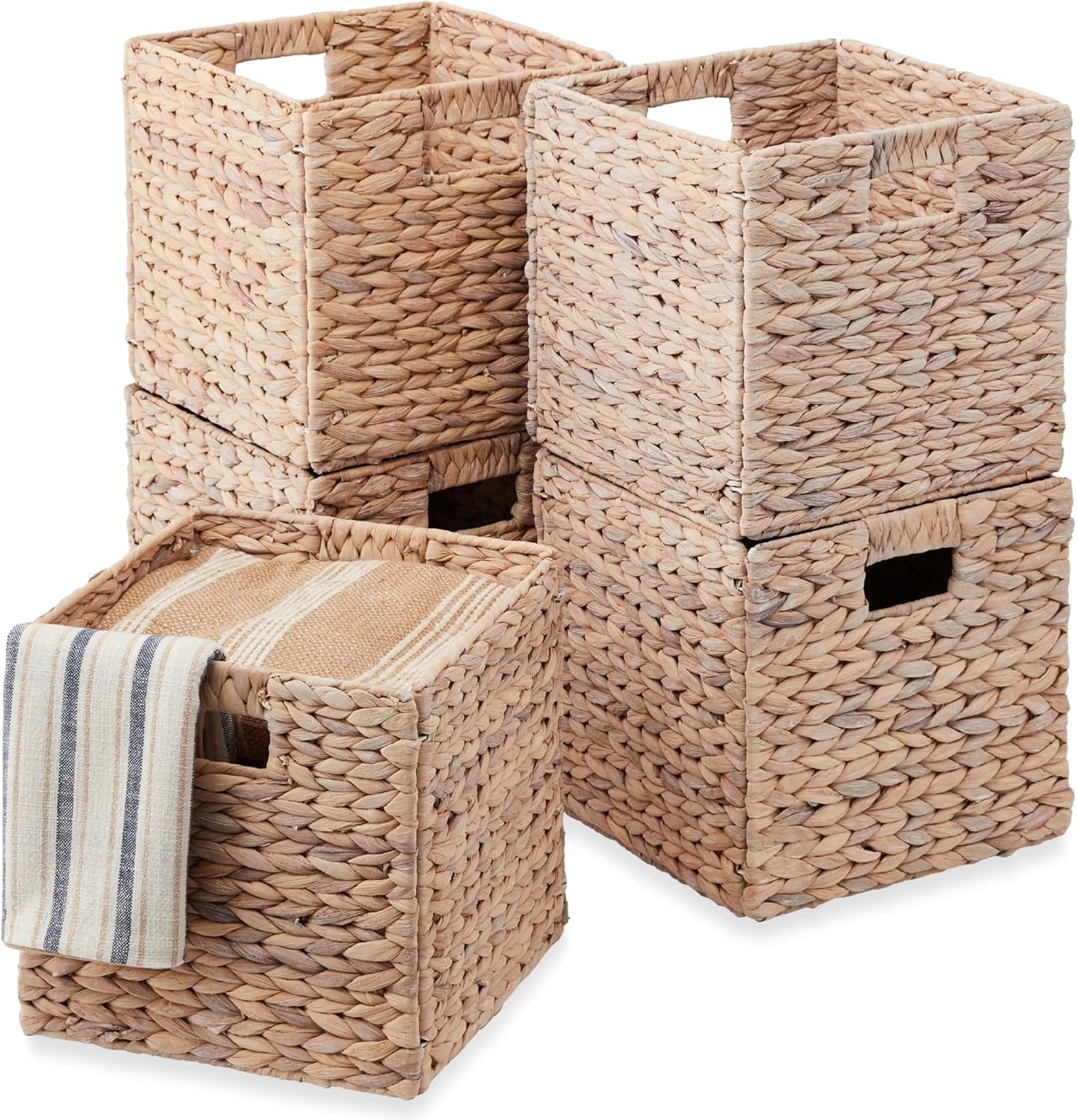 10.5X10.5In Hyacinth Baskets, Rustic Set of 5 Multipurpose Collapsible Storage Organizer, Handwoven Laundry Totes for Bedroom, Living Room, Shelves - Brown