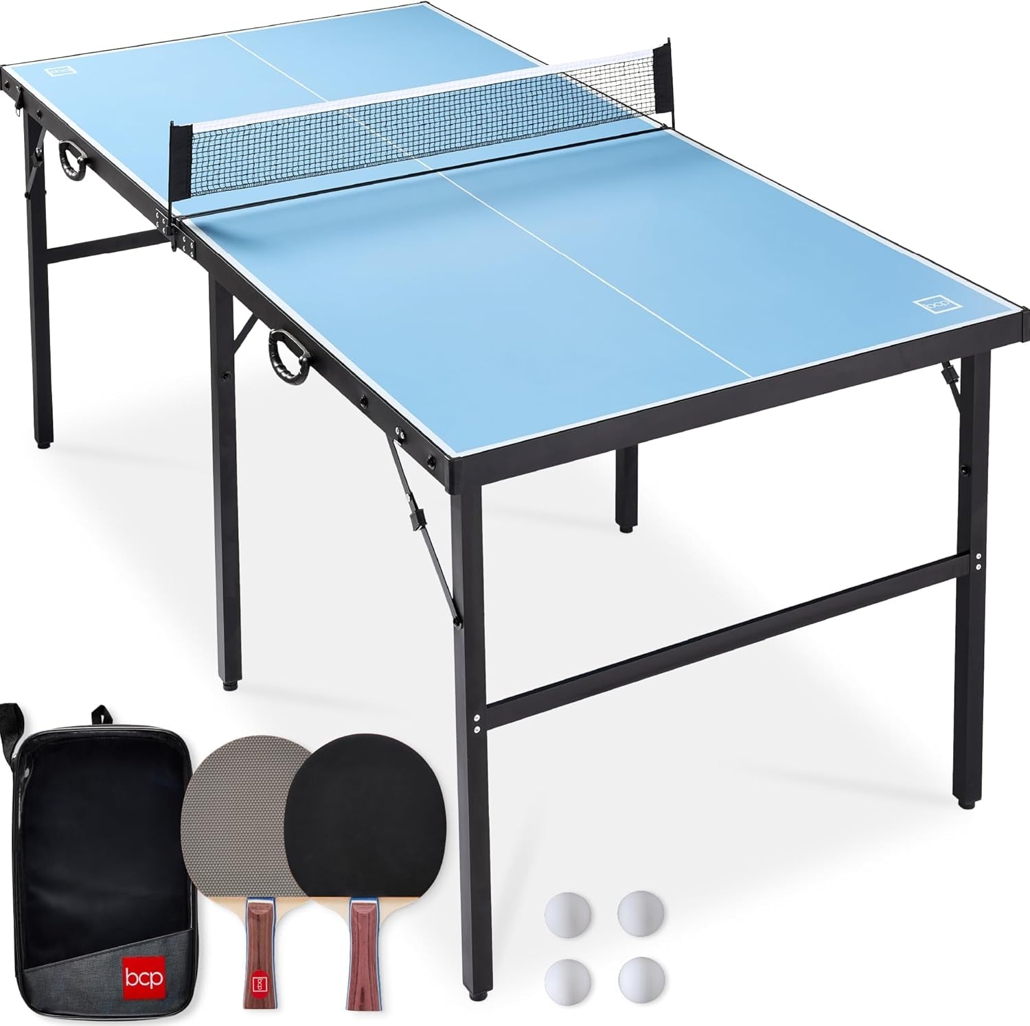 6X3Ft Portable Ping Pong Table, Mid-Size Folding Indoor Outdoor Table Tennis W/ 2 Paddles, 4 Balls Included, Carrying Bag