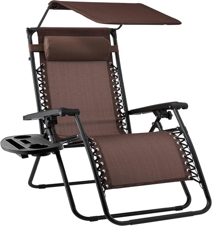 Folding Zero Gravity Outdoor Recliner Patio Lounge Chair W/Adjustable Canopy Shade, Headrest, Side Accessory Tray, Textilene Mesh - Navy Blue