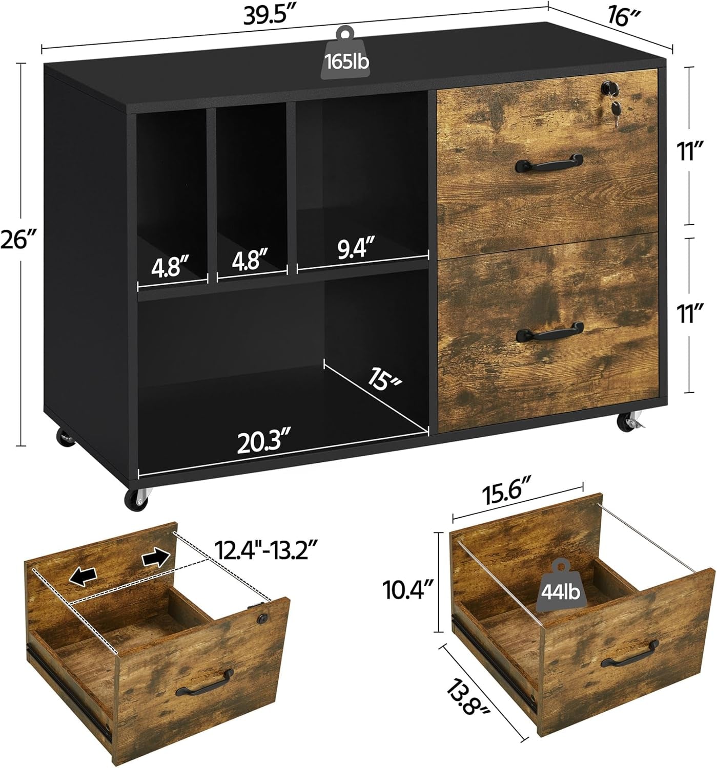 File Cabinets Large Rolling Filing Cabinet Printer Stand on Wheels for Home Office,With 4 Open Storage Shelves,Letter Size A4 Size,Black/Rustic Brown