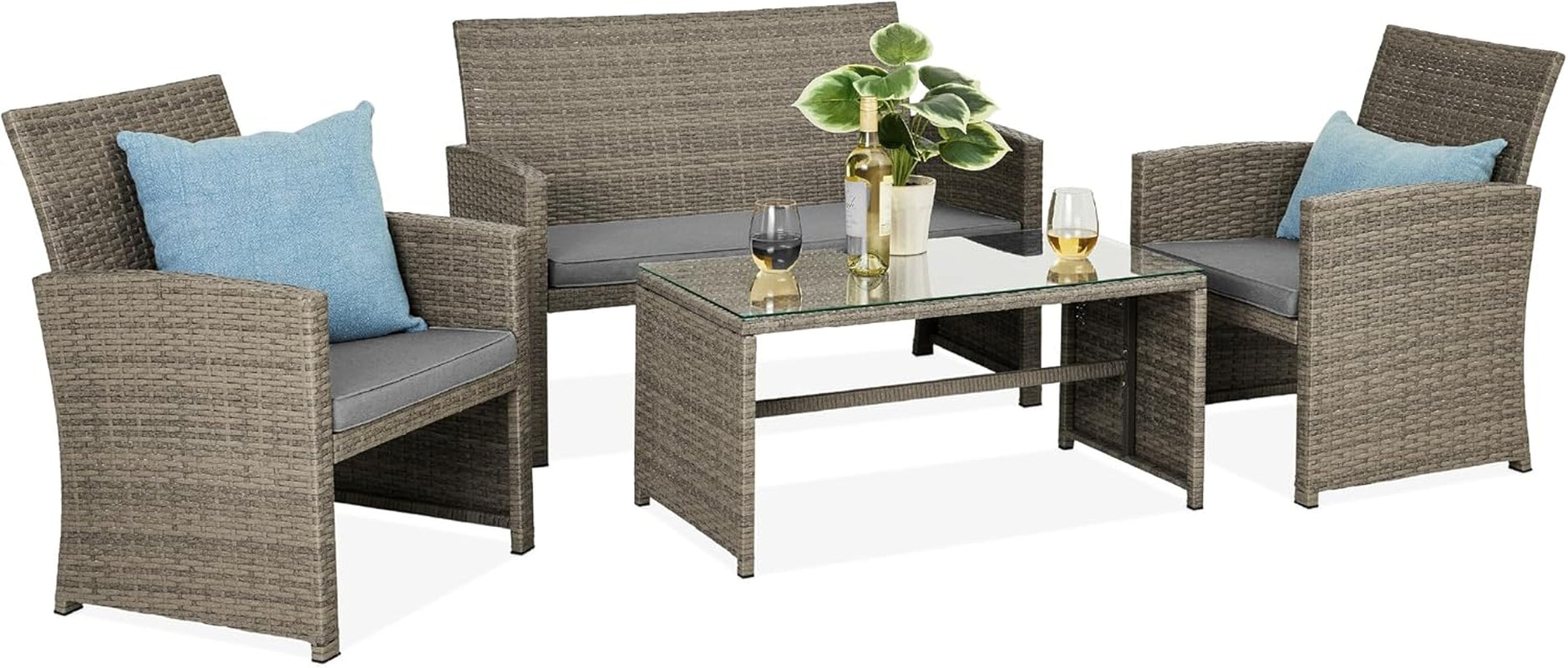 4-Piece Outdoor Wicker Patio Conversation Furniture Set for Backyard W/Coffee Table, Seat Cushions - Gray/Navy