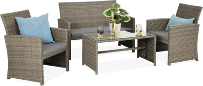 4-Piece Outdoor Wicker Patio Conversation Furniture Set for Backyard W/Coffee Table, Seat Cushions - Gray/Navy