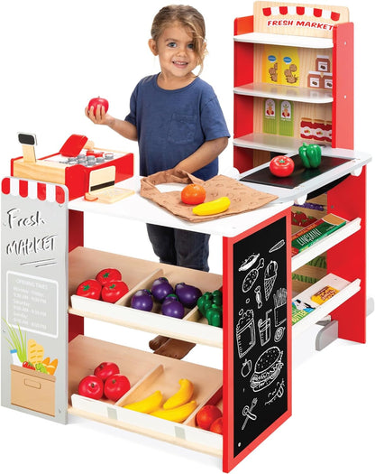 Pretend Play Grocery Store Wooden Supermarket Toy Set for Kids W/Play Food, Chalkboard, Cash Register, Working Conveyor - Red