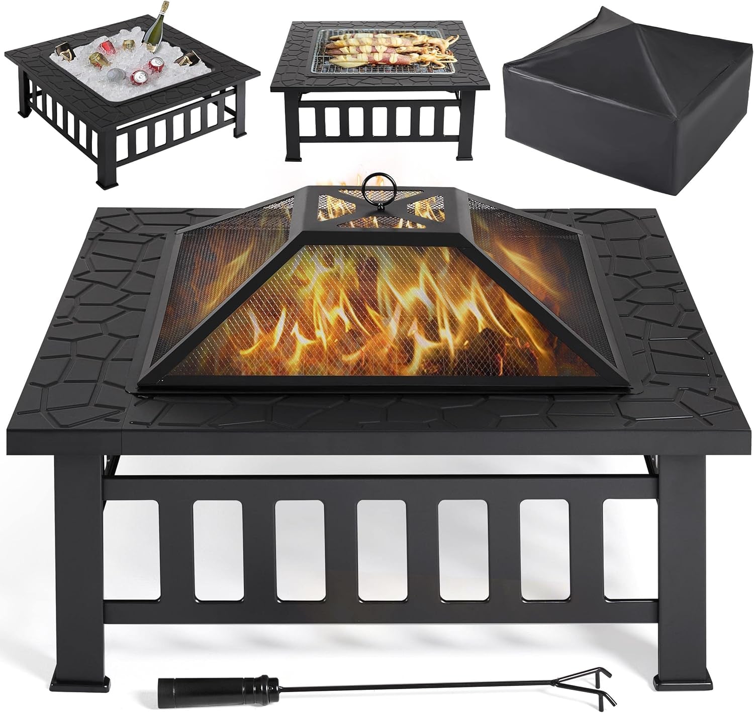 Multifunctional Fire Pit Table 32In Square Metal Firepit Stove Backyard Patio Garden Fireplace for Camping, Outdoor Heating, Bonfire and Picnic