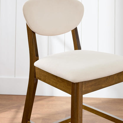 Bar Stool Set of 2, Mid-Century Modern Upholstered Wood, Armless Counter Height W/Seat Cushion, Backrest - Walnut/Cream