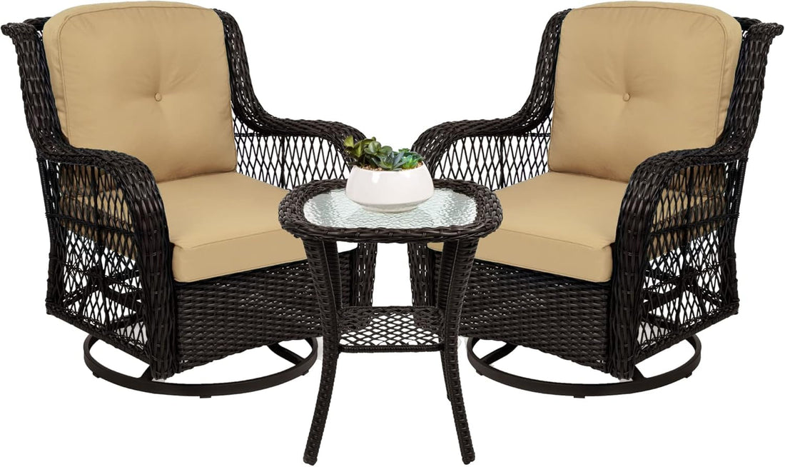 3-Piece Outdoor Wicker Patio Bistro Set W/ 2 360-Degree Swivel Rocking Chairs and Tempered Glass Top Side Table - Beige