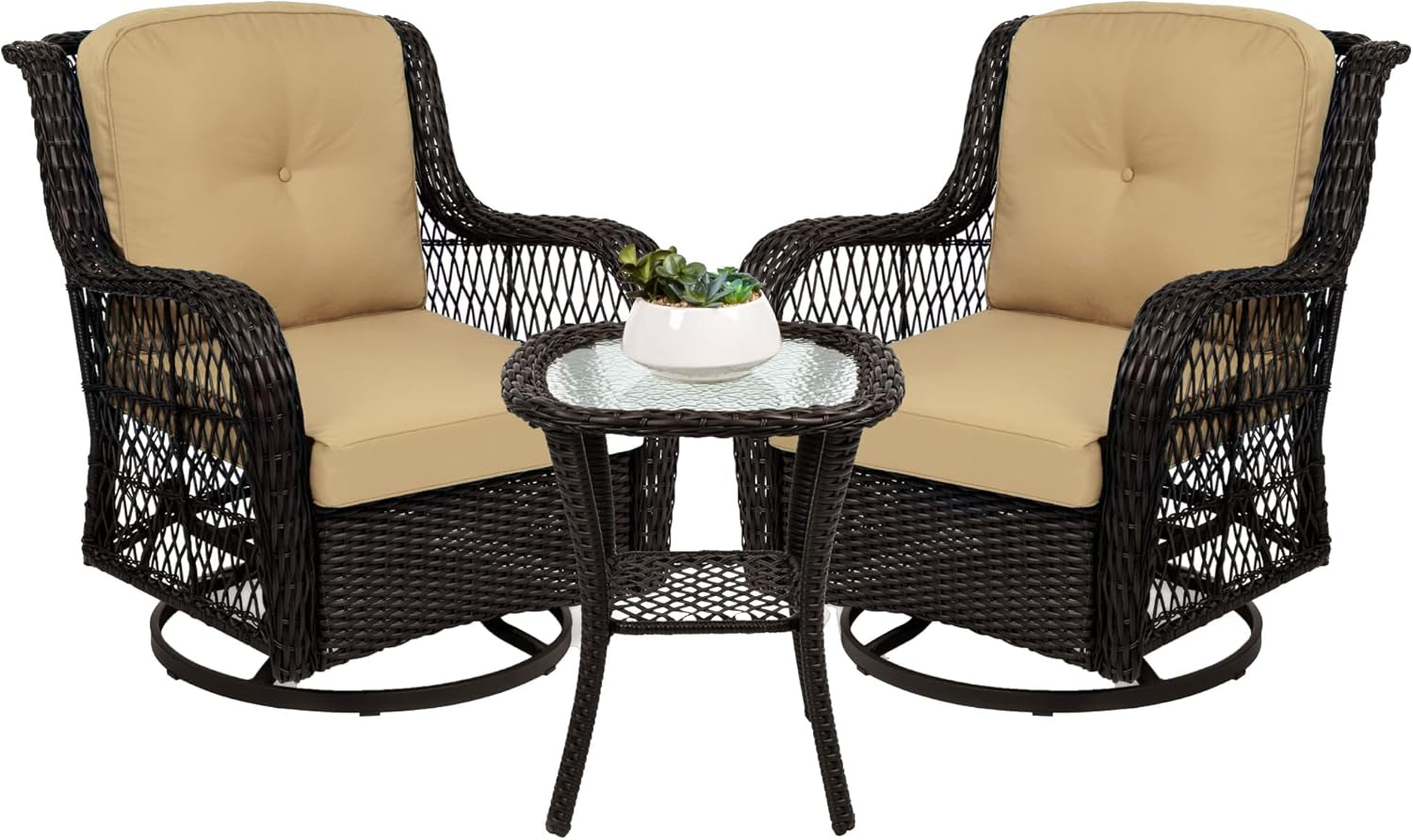 3-Piece Outdoor Wicker Patio Bistro Set W/ 2 360-Degree Swivel Rocking Chairs and Tempered Glass Top Side Table - Beige