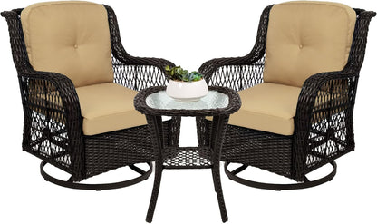 3-Piece Outdoor Wicker Patio Bistro Set W/ 2 360-Degree Swivel Rocking Chairs and Tempered Glass Top Side Table - Beige