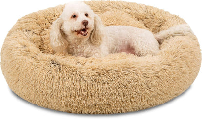 45In Dog Bed Self-Warming Plush Shag Fur Donut Calming Pet Bed Cuddler W/Water-Resistant Lining, Raised Rim - Brown