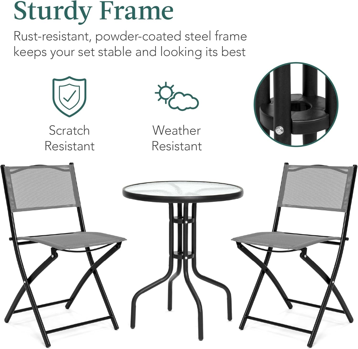 3-Piece Patio Bistro Dining Furniture Set W/Glass Tabletop, 2 Folding Chairs, Steel Frame, Polyester Fabric - Gray