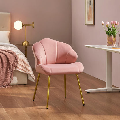 Velvet Accent Chair, Cute Vanity Chair with Shell-Shaped Backrest, Modern Armchair Side Chair with Golden Legs for Living Room/Bedroom/Home Office/Makeup, Pink