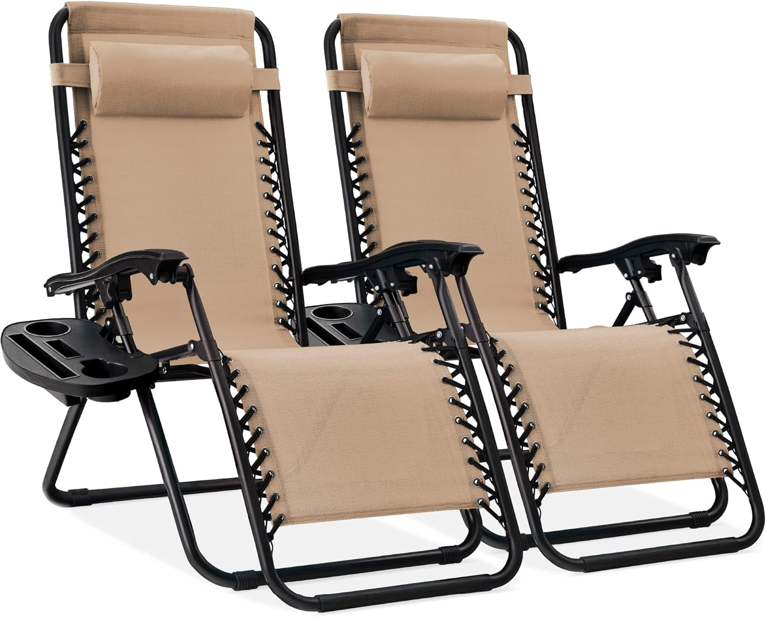 Set of 2 Adjustable Steel Mesh Zero Gravity Lounge Chair Recliners W/Pillows and Cup Holder Trays - Black