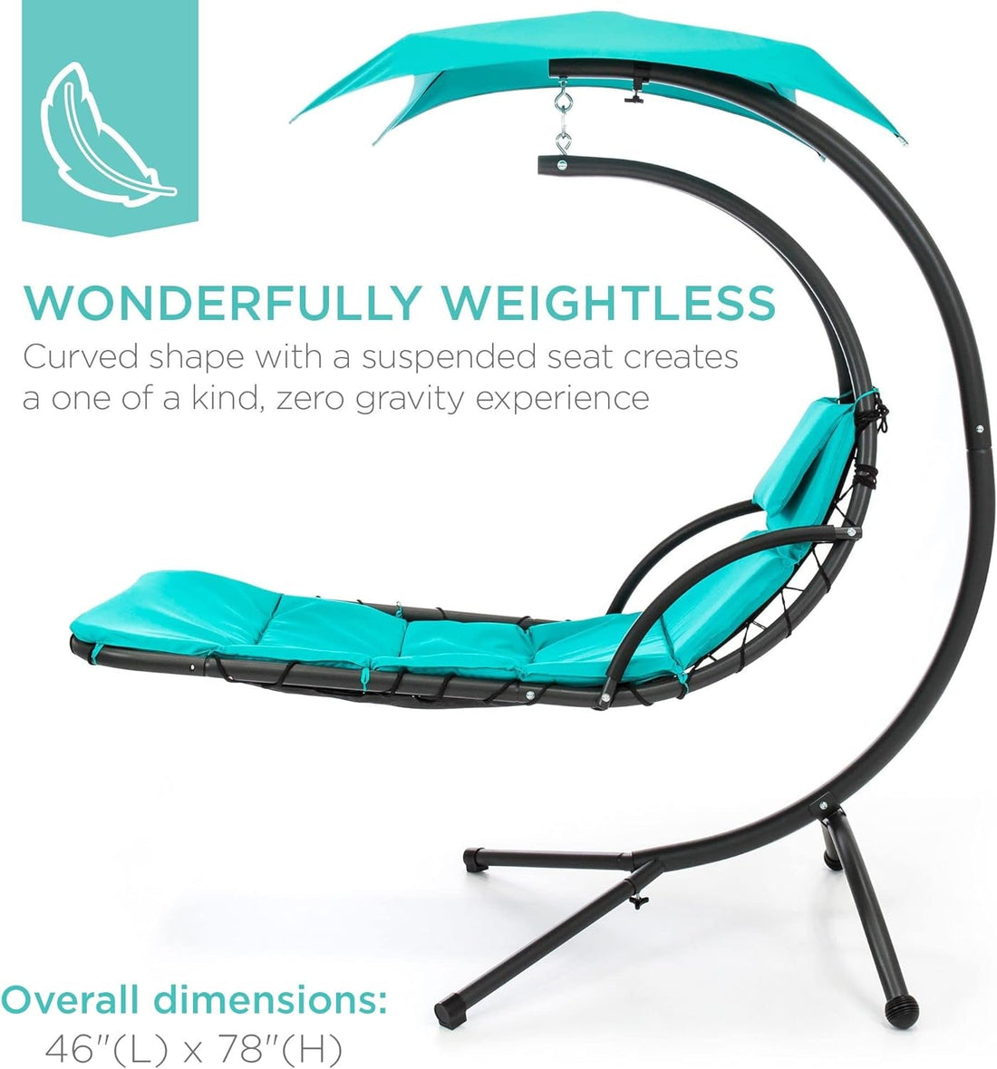 Outdoor Hanging Curved Steel Chaise Lounge Chair Swing W/Built-In Pillow and Removable Canopy - Teal