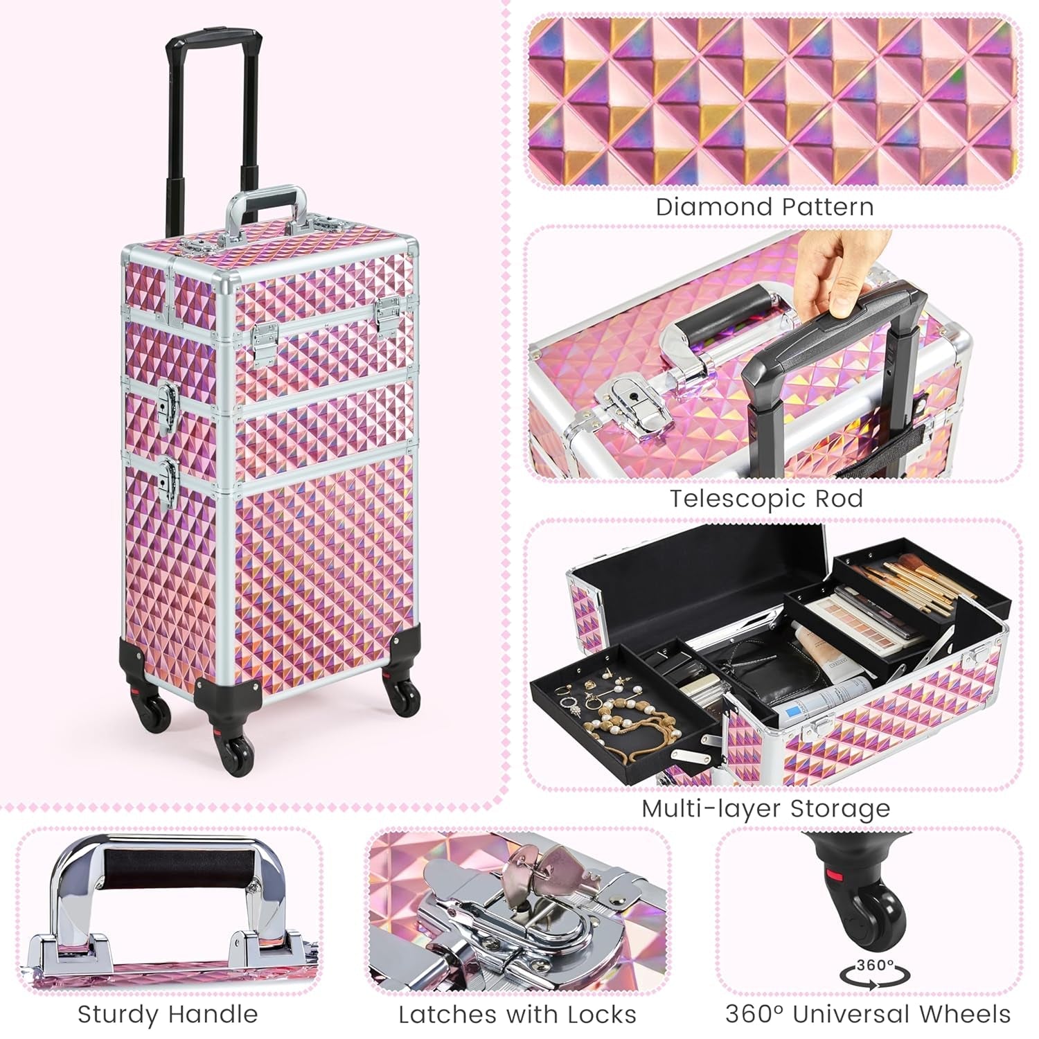 Rolling Makeup Train Case 3 in 1 Cosmetic Case Large Capacity Organizer with Swivel Wheels Key Cosmetic Trolley for Nail Tech Makeup - Pink